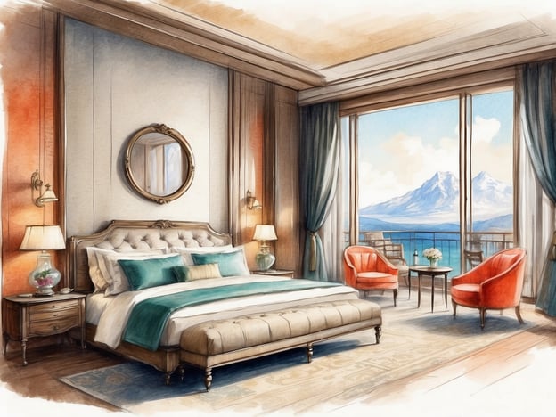 Auf dem Bild ist ein luxuriöses Schlafzimmer zu sehen. Die Unterkunft bietet ein großes, komfortables Bett mit stilvollen Kissen und einer eleganten Bettdecke. An den Wänden sind warmen Farbtöne und geschmackvolle Dekorationen zu erkennen, einschließlich eines runden Spiegels und stilvollen Lampen.Zusätzlich gibt es zwei gepolsterte Sessel in einem lebhaften Rot, die um einen kleinen Tisch gruppiert sind, was eine einladende Atmosphäre schafft. Große Fenster ermöglichen einen atemberaubenden Blick auf die Berge und das Wasser, was das Zimmer zu einem perfekten Rückzugsort macht. Die Annehmlichkeiten umfassen auch eine schriftliche Fläche sowie dekorative Elemente wie Blumen in einer Vase, die zur gemütlichen und eleganten Gestaltung beitragen.