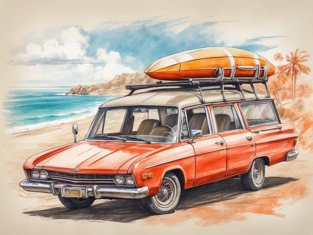 Auf dem Bild sieht man ein rotes Auto mit einem Surfbrett auf dem Dach, das an einem Strand geparkt ist. Diese Szene vermittelt ein Gefühl von Urlaub und Abenteuer. Aktivitäten, die man mit diesem Auto verbinden könnte, sind:- Surfen im Meer- Ein Picknick am Strand- Eine Autofahrt entlang der Küste- Strandspaziergänge- Entspannen unter PalmenEs strahlt eine entspannte Atmosphäre aus, die zu Freizeitaktivitäten am Wasser einlädt.