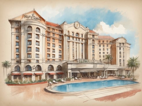 Das Bild zeigt das NH Hotels Hotel Casino in Argentinien, ein eindrucksvolles Gebäude mit einer eleganten Fassade und mehreren Stockwerken. Vor dem Hotel befindet sich ein großer Poolbereich, umgeben von Liegen und Pflanzen. Die Architektur ist ansprechend mit großen Fenstern und einem stilvollen Eingangsbereich. Der Himmel ist blau und es sind einige Wolken zu sehen, was dem Bild eine einladende Atmosphäre verleiht. Die Umgebung ist gut gestaltet und vermittelt ein Gefühl von Luxus und Erholung.
