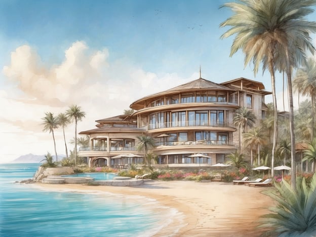 Auf dem Bild ist eine künstlerische Darstellung eines Gebäudes zu sehen, das an einem Strand mit Palmen und klarem Wasser steht. Das Design ist modern und großzügig, mit großen Fenstern und einer einladenden Terrassenfläche. Es vermittelt ein Gefühl von Luxus und Entspannung, ideal für einen Urlaubsaufenthalt.Der ROBINSON CLUB KHAO LAK ist bekannt für seine malerische Lage an der Andamanen-Küste in Thailand. Er bietet eine Vielzahl an Freizeitaktivitäten, darunter Wassersport, Wellnessangebote und kulinarische Genüsse. Der Club ist ideal für Familien und Paare, die Erholung und Aktivitäten in einer tropischen Umgebung suchen. Der Service ist in der Regel sehr gut, mit einem Fokus auf individuelle Bedürfnisse der Gäste.