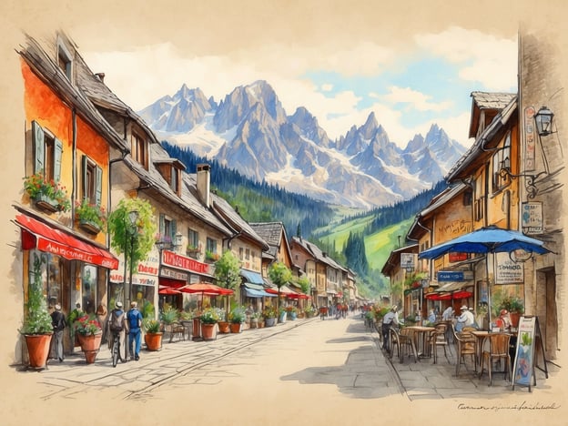 Auf dem Bild ist eine malerische Straße in einem alpinen Dorf zu sehen. Die Gebäude sind freundlich gestaltet und mit Blumen geschmückt, was eine einladende Atmosphäre schafft.In der Umgebung könnten Aktivitäten wie Wandern in den Bergen, Radfahren auf den umliegenden Wegen oder einfach entspannende Spaziergänge durch das Dorf stattfinden. Es gibt auch Cafés und Restaurants, wo Besucher lokale Spezialitäten probieren können, während sie die Aussicht auf die beeindruckenden Berge genießen. Vielleicht finden auch lokale Veranstaltungen wie Märkte oder Feste statt, die die Gemeinschaft und Kultur der Region feiern.
