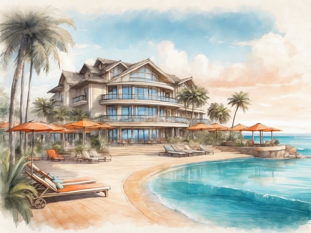 Auf dem Bild ist eine malerische Ansicht eines Resorts zu sehen, das durch elegante Architektur und eine tropische Umgebung gekennzeichnet ist. Im Vordergrund befinden sich Liegen und Sonnenschirme, die einen einladenden Eindruck erwecken. Im Hintergrund sieht man ein großzügiges Gebäude mit großen Fenstern, umgeben von Palmen und direkt am Wasser.Der ROBINSON CLUB KYLLINI BEACH an der griechischen Küste bietet eine traumhafte Lage für Urlauber, die Entspannung und aktive Erholung suchen. Der Club kombiniert ein breites Freizeitangebot mit hochwertigen Unterkünften und exzellentem Service. Gäste können verschiedene Sportarten ausüben, kulinarische Köstlichkeiten genießen und die wunderschöne Landschaft erkunden, was zu einem unvergesslichen Urlaubserlebnis beiträgt.