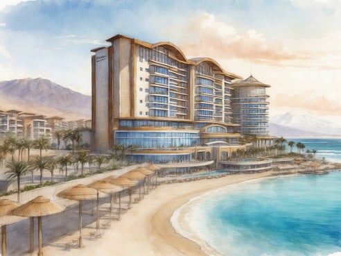 Das Bild zeigt das NH Hotels Iquique Pacifico in Chile, ein modernes Strandhotel mit eleganter Architektur. Im Vordergrund erstreckt sich ein Sandstrand mit Palmen und sonnenschirmartigen Strandliegen. Hinter dem Strand steht das Hotelgebäude mit großen Fenstern und einem geschwungenen Dach, das an den Küstenstreifen und die umliegenden Berge angepasst ist. Im Hintergrund sind sanfte Hügel und eine ruhige Meerlandschaft sichtbar, die die entspannende Atmosphäre des Ortes unterstreicht.