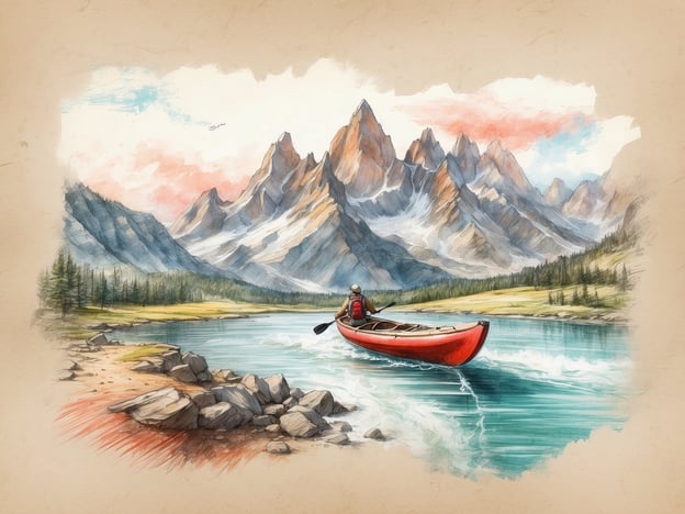 Auf dem Bild ist eine malerische Landschaft mit hohen Bergen zu sehen, die sich über einen ruhigen Fluss erstrecken. Eine Person paddelt in einem roten Kanu auf dem Wasser. Diese Szenerie könnte ideal für verschiedene Aktivitäten und Ausflugsziele sein, wie:1. **Kanu- oder Kajaktouren**: Die ruhigen Gewässer bieten perfekte Bedingungen für spannende Paddelausflüge.2. **Wanderungen**: Die umliegenden Berge laden zu Wanderungen ein, bei denen man die Natur hautnah erleben kann.3. **Naturbeobachtung**: Die Region bietet vielfältige Flora und Fauna, die sich gut für Naturbeobachtungen eignet.4. **Fotografie**: Die beeindruckende Landschaft ist ein ideales Motiv für Landschaftsfotografen.5. **Camping**: In der Nähe des Wassers könnten sich tolle Campingplätze finden, um die Natur über Nacht zu genießen.Diese Aktivitäten machen die Landschaft zu einem hervorragenden Ziel für Outdoor-Enthusiasten.