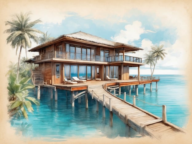 Auf dem Bild ist ein luxuriöses Strandresort zu sehen, das auf Stelzen über dem Wasser gebaut ist. Die Architektur ist modern und einladend, mit großen Fenstern und einer Veranda. Umgeben von Palmen und türkisfarbenem Wasser vermittelt der Ort ein Gefühl von Ruhe und Exotik.**Das Besondere am ROBINSON CLUB MALDIVES** ist die idyllische Lage und die Exklusivität. Gäste können in einzigartigen Bungalows direkt am Wasser entspannen, während sie Zugang zu einer Vielzahl von Freizeitaktivitäten wie Schnorcheln und Wellness haben. Der Club bietet eine Kombination aus Erholung und Abenteuer, ideal für Paare und Familien.