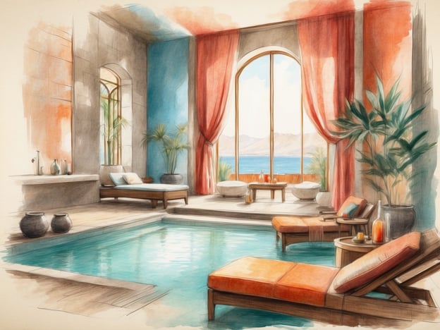 Auf dem Bild ist ein stilvolles Wellness- und Entspannungsumfeld zu sehen. Der Raum verfügt über einen kleinen Pool, der zum Entspannen einlädt. Es gibt bequeme Liegen mit Orangefarbenen Auflagen, die eine gemütliche Atmosphäre schaffen. Große Fenster bieten einen herrlichen Blick auf die Landschaft und das Wasser, was zur Erholung beiträgt.Die sanften Farben der Wände und die grüne Bepflanzung verleihen dem Raum eine beruhigende Ausstrahlung. Diese Umgebung ist ideal für verschiedene Wellnessoptionen wie Massagen, Meditation oder einfaches Entspannen mit einem Getränk in der Hand. Das Licht und die offene Gestaltung fördern ein Gefühl von Ruhe und Zufriedenheit.