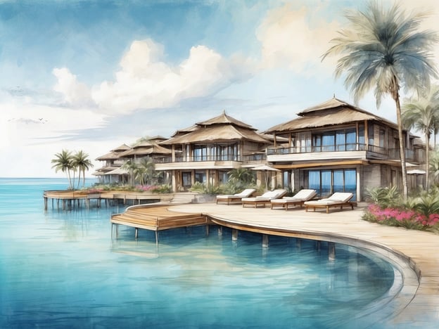 Auf dem Bild ist eine malerische Ansicht eines Strandresorts zu sehen, ähnlich dem ROBINSON CLUB NOONU. Die Struktur zeigt mehrere stilvolle Villen mit Strohdächern, die direkt am Wasser stehen. Vor den Villen gibt es eine Holzterrasse mit Liegen, ideal zum Entspannen und Genießen der Umgebung. Palmen und bunte Blumen umgeben die Architektur, während das kristallklare Wasser und der blaue Himmel eine tropische Urlaubsatmosphäre schaffen.Der ROBINSON CLUB NOONU ist bekannt für seine luxuriösen Unterkünfte, vielfältige Freizeitmöglichkeiten und direkten Zugang zu atemberaubenden Stränden. Er bietet eine Mischung aus Entspannung und Aktivitäten, wie Wassersport, Wellness und kulinarische Erlebnisse, was ihn zu einem beliebten Ziel für Urlauber macht, die nach einem perfekten Strandurlaub suchen.