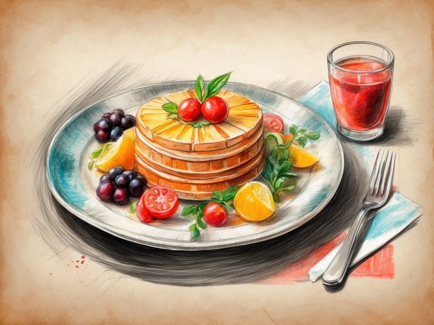Auf dem Bild sind leckere Pancakes zu sehen, die ansprechend gestapelt sind. Sie sind mit frischen Früchten wie Kirschen, Trauben und Zitrusfrüchten garniert, was eine farbenfrohe und appetitliche Präsentation ergibt. Dazu gibt es ein Glas mit einem erfrischenden Getränk, das die leichte Süße des Frühstücks ergänzt.Im ROBINSON CLUB NOONU kann man solche kulinarischen Erlebnisse genießen, die nicht nur den Gaumen verwöhnen, sondern auch das Auge erfreuen. Hier dreht sich alles um hochwertige Zutaten und kreative Präsentation, sodass jeder Bissen ein Genuss ist. Das Frühstück ist der perfekte Start in einen entspannten Urlaubstag in paradiesischer Umgebung.
