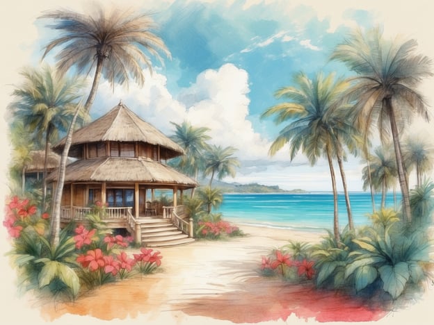 Auf dem Bild ist eine malerische Strandlandschaft mit einem einladenden Holzhaus, umgeben von Palmen und bunten Blumen zu sehen. Es vermittelt ein tropisches Urlaubsgefühl, ideal für Erholung und Entspannung.Der ROBINSON CLUB PAMFILYA ist bekannt für seine wunderschöne Lage an der türkischen Riviera. Er bietet eine Vielzahl von Aktivitäten, darunter Wassersport, Fitnessangebote und Freizeitmöglichkeiten für Familien und Paare. Die komfortablen Unterkünfte und die erstklassige Verpflegung sorgen dafür, dass Gäste einen unvergesslichen Aufenthalt genießen können. Der Club hebt sich durch seine freundliche Atmosphäre und den Fokus auf Sport und Erholung hervor, was ihn zu einem beliebten Ziel für Urlauber macht.