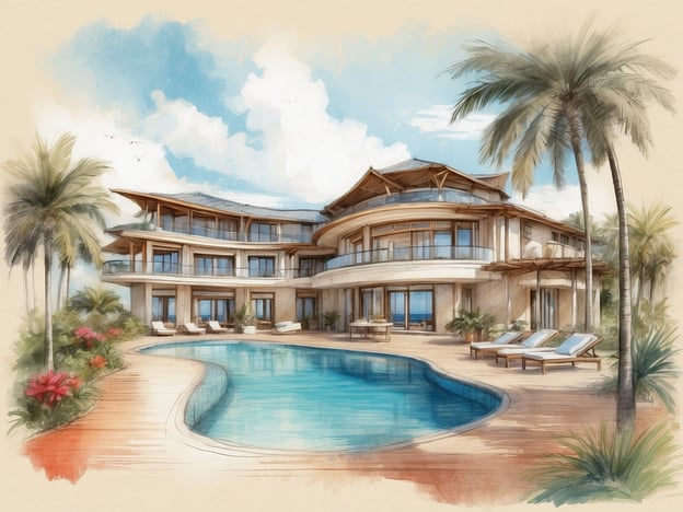 Auf dem Bild ist ein elegantes Anwesen zu sehen, das sich um einen Pool gruppiert. Die Architektur ist modern und offen gestaltet, mit großen Fenstern, die einen Blick auf die Umgebung bieten. Palmen und Blumen verleihen dem Bild eine tropische Atmosphäre.In einem Club könnte eine ähnliche Unterkunft folgende Möglichkeiten bieten:1. **Luxuriöse Suiten:** Geräumige Zimmer mit Balkon und Aussicht auf den Pool oder das Meer.2. **Exklusive Villen:** Privathäuser mit eigenen Pools, perfekt für Gruppen oder Familien.3. **Wellnessbereiche:** Zugang zu Spa-Behandlungen und Fitnessstudios.4. **Gastronomische Optionen:** Restaurantangebote, die lokale und internationale Küche servieren.5. **Aktivitätsmöglichkeiten:** Angebote wie Wassersport, Yoga-Kurse oder Ausflüge in die Umgebung.Diese Annehmlichkeiten könnten ein ideales Erlebnis für Gäste im Club schaffen.
