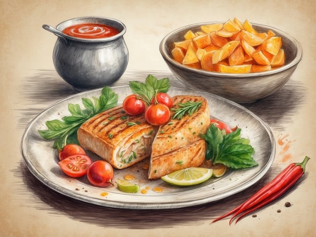 Auf dem Bild ist ein köstliches kulinarisches Arrangement zu sehen. Im Vordergrund liegt ein gegrilltes Gericht, möglicherweise Fisch oder Hähnchen, das schön zubereitet und mit frischen Kräutern sowie Kirschtomaten dekoriert ist. Daneben befinden sich Limettenscheiben, die für einen zusätzlichen Frischekick sorgen.Im Hintergrund sieht man eine Schüssel mit saftigen, orangefarbigen Stückchen, die wahrscheinlich aus Orangen bestehen und eine fruchtige Note ins Spiel bringen. Daneben steht ein kleiner Topf mit einer roten Sauce, die wahrscheinlich süß oder würzig ist. Umrahmt wird das Ganze von grünen Kräutern und einigen roten Chilischoten, die dem Gericht eine wärmende Schärfe verleihen. Ein harmonisches Zusammenspiel aus Aromen und Farben!