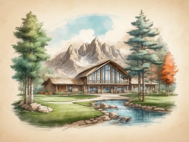 Auf dem Bild ist eine malerische Landschaft mit einem modernen Holzhaus zu sehen, das von Bergen und Bäumen umgeben ist. Diese Umgebung bietet zahlreiche Freizeit- und Sportmöglichkeiten, wie zum Beispiel:1. **Wandern** - Die umliegenden Berge laden zu Wanderungen ein, um die schöne Natur zu genießen.2. **Angeln** - Der kleine Bach könnte ein idealer Ort zum Angeln sein.3. **Radfahren** - Es gibt sicher auch Wege, die für Radfahrten geeignet sind.4. **Picknicken** - Die weitläufige Wiese bietet Platz für ein entspannendes Picknick.5. **Klettern** - Die Berge bieten Klettermöglichkeiten für Abenteuerlustige.Diese Aktivitäten fördern sowohl die Gesundheit als auch das Wohlbefinden in der Natur.