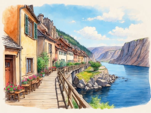 Auf dem Bild sieht man eine malerische Uferpromenade mit bunten Häusern entlang eines Flusses oder Sees. Die Szene lädt zu verschiedenen Aktivitäten und Freizeitmöglichkeiten ein, wie zum Beispiel:1. **Spazieren gehen**: Die Holzbrücke bietet einen schönen Rundgang mit Blick auf die Wasserlandschaft und die umgebenden Berge.2. **Cafe-Besuch**: Die kleinen Tische auf der Terrasse laden dazu ein, sich mit einem Getränk oder Snack zu entspannen.3. **Fotografieren**: Die malerische Kulisse ist ideal für Fotografien und zum Festhalten schöner Erinnerungen.4. **Natur beobachten**: Die umliegende Natur bietet die Möglichkeit, Tiere und Pflanzen zu erkunden.5. **Bootsausflüge**: Der Fluss könnte Anreize für Bootsfahrten oder Kanutouren bieten.Insgesamt strahlt der Ort eine entspannte und einladende Atmosphäre aus, die zum Verweilen anregt.