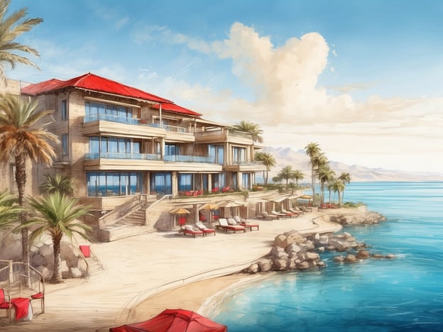 Auf dem Bild ist eine malerische Ansicht eines luxuriösen Resorts, das an einem Strand am Wasser liegt. Der klare Himmel und das ruhige Wasser schaffen eine entspannte Atmosphäre. Die Architektur des Gebäudes ist modern und elegant, mit großen Fenstern und einem markanten roten Dach. Umgeben von Palmen und Liegen, lädt die Umgebung zum Entspannen ein.Der ROBINSON CLUB SOMA BAY ist bekannt für seine beeindruckende Lage am Roten Meer und bietet vielfältige Freizeitaktivitäten und entspannende Möglichkeiten für Gäste. Hier können Urlauber nicht nur den Strand genießen, sondern auch Sport wie Wassersport und Fitnessangebote erleben, während sie sich in einer stilvollen und gepflegten Umgebung aufhalten.