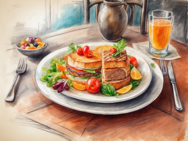 Auf dem Bild sind verschiedene kulinarische Genüsse des Hotels zu sehen. Im Vordergrund befindet sich ein ansprechend angerichteter Teller mit einem herzhaften Gericht, das aus einem Sandwich besteht, das mit frischem Salat, Tomaten und einem Stück Fleisch gefüllt ist. Daneben sind auch frische Früchte wie Orangen und Kirschtomaten angeordnet.
Zusätzlich gibt es eine Schüssel mit bunten, kleinen Gemüse- oder Obststücken sowie ein Glas mit einem erfrischenden Getränk. Die liebevolle Präsentation und die Vielfalt der Zutaten laden zum Genießen ein und spiegeln die gastronomische Qualität des Hotels wider.