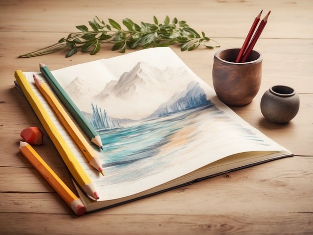 Auf dem Bild ist ein Künstlerbedarf zu sehen, der eine entspannende Atmosphäre vermittelt. Ein Skizzenbuch mit einer sanften Landschaftszeichnung liegt offen auf einem Holztablett, umgeben von bunten Buntstiften und einem Radiergummi. Diese kreative Umgebung lädt zum Zeichnen und Entspannen ein, wodurch achtsames Gestalten gefördert wird.
Die natürlichen Elemente, wie der Zweig mit grünen Blättern, tragen zur Wellnessatmosphäre bei, während die geschmackvollen, handgefertigten Behälter für die Stifte einen rustikalen Charme verleihen. Solche Aktivitäten können eine hervorragende Möglichkeit sein, Stress abzubauen und innere Ruhe zu finden.