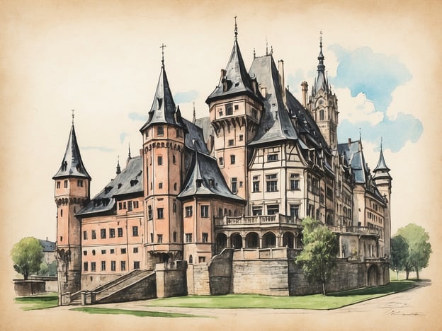 Auf dem Bild ist eine bunte, künstlerische Darstellung eines Schlosses zu sehen, das an die Lage und Architektur der Burg Stolpen in Sachsen erinnert. Die Burg Stolpen hat eine lange und faszinierende Geschichte, die bis ins 12. Jahrhundert zurückreicht. Ursprünglich wurde sie als Wehranlage erbaut und diente im Laufe der Jahrhunderte verschiedenen Zwecken, darunter als Residenz und Gefängnis.Besonders bekannt ist die Burg für ihre Verbindung zur Gefangenschaft der umstrittenen Politikerin und Adligen, die dort viele Jahre verbrachte. Die beeindruckende Architektur mit ihren Türmen und Zinnen spiegelt den mittelalterlichen Baustil wider, der für die Region typisch ist. Die Umgebung ist geprägt von einer malerischen Landschaft, die den historischen Charakter der Burg unterstreicht.