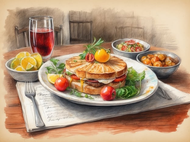 Auf dem Bild sehen wir ein köstliches kulinarisches Erlebnis, das ideal für ein entspanntes Frühstück oder Mittagessen im Hotel ist. Im Vordergrund liegt ein appetitlich angerichtetes Sandwich, das mit frischen Zutaten wie Tomaten, Salat und einer weichen Eierschicht gefüllt ist. Die knusprige Oberfläche verspricht einen genussvollen Biss. Neben dem Sandwich befinden sich bunte Beilagen in kleinen Schalen, darunter eine herzhafte Salatmischung und vermutlich regionale Spezialitäten wie süßes, geschmortetes Gemüse.
Ein erfrischendes Getränk in einem Glas ergänzt das Ganze – vielleicht ein hausgemachter Fruchtsaft oder ein spritziger Cocktail. Die Zitrusfrüchte in einer Schale verleihen dem Gericht eine frische Note und könnten die perfekte Beigabe sein.
Diese Art von Speisen spiegelt nicht nur die kulinarischen Schätze des Hotels wider, sondern auch die Geschmäcker der Umgebung, die Gäste dazu einlädt, die Vielfalt der lokalen Küche zu entdecken. Ein wahres Fest für die Sinne!