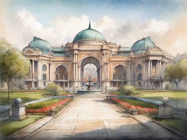 Auf dem Bild ist eine beeindruckende, architektonisch gestaltete Gebäudeansicht zu sehen. Das Bauwerk hat mehrere kupferne Kuppeln und große Bögen, die eine majestätische Erscheinung vermitteln. Vor dem Gebäude erstreckt sich ein gepflegter Garten mit Blumenbeeten, Bäumen und einer zentralen Fountain, die für eine entspannende Atmosphäre sorgt.
Die Umgebung des Hotels scheint von Grünflächen und gut angelegten Wegen geprägt zu sein, was auf eine ruhige, einladende Lage hindeutet, ideal für einen Aufenthalt. Solch eine Umgebung könnte sich in einem Stadtpark oder in der Nähe von kulturellen Sehenswürdigkeiten befinden, was Gästen die Möglichkeit gibt, die Schönheit der Natur und die Architektur zu genießen.