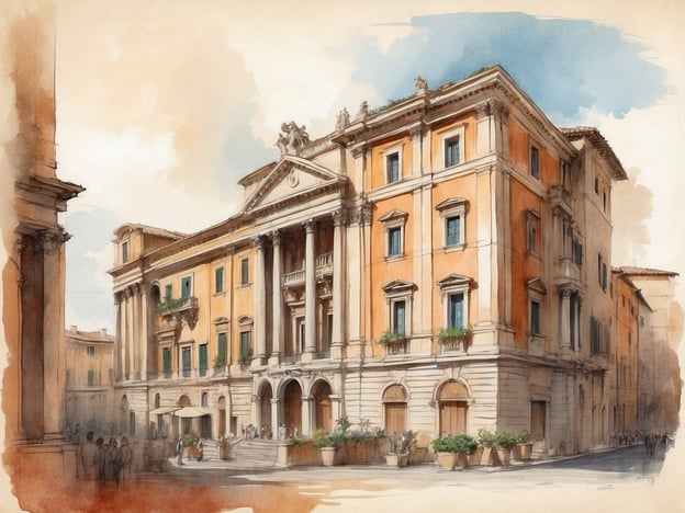 Auf dem Bild ist eine künstlerische Darstellung eines historischen Gebäudes zu sehen, das die elegante Architektur und den Charme Roms verkörpert. Es könnte sich um das NH Hotels Anantara Palazzo Naiadi Rome handeln, ein luxuriöses Hotel, das in einem ehemaligen Palast untergebracht ist.
### Überblick über das NH Hotels Anantara Palazzo Naiadi Rome:
- **Lage:** Das Hotel liegt im Herzen Roms, nahe bedeutenden Sehenswürdigkeiten wie der Basilica di Santa Maria degli Angeli und dem Piazza della Repubblica.
- **Ausstattung:** Es bietet moderne Annehmlichkeiten, darunter ein Spa, einen Pool und ein Restaurant mit gehobener italienischer Küche.
- **Zimmer:** Die Zimmer sind stilvoll eingerichtet und bieten einen Blick auf die Stadt oder den Innenhof.
- **Atmosphäre:** Das Hotel vereint historischen Charme mit modernem Komfort und ist ideal für Reisende, die Luxus und Kulinarik suchen.
- **Service:** Exzellenter Service und individueller Empfang sind Teil des Angebots, um Gästen einen unvergesslichen Aufenthalt zu gewährleisten.
Das Anantara Palazzo Naiadi Rome bietet somit eine perfekte Mischung aus Geschichte, Eleganz und modernem Luxus.