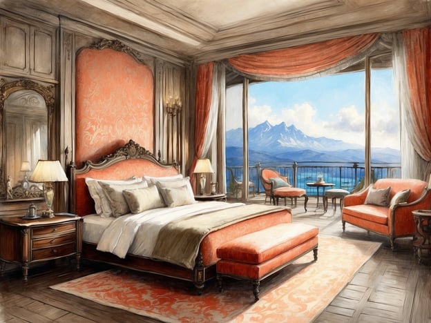 Auf dem Bild ist ein elegantes Schlafzimmer mit einem luxuriösen Ambiente zu sehen. Besondere Merkmale sind das großflächige, gepolsterte Kopfteil in sanften Orangetönen, das gewölbte Bett mit einer weichen Bettdecke und mehreren Kissen, sowie ein stilvoller Nachttisch mit einer dekorativen Lampe und einem kleinen Accessoire.
Der Raum ist hell und einladend, mit großen Fenstern, die einen fantastischen Blick auf schneebedeckte Berge und einen See bieten. Die Fenster sind mit luftigen Vorhängen geschmückt, die das Licht sanft filtern.
Zusätzliche Annehmlichkeiten sind der bequeme Sessel und das dazu passende Sofa, die zum Entspannen einladen. Der Holzboden verleiht dem Raum eine warme Atmosphäre, ergänzt durch einen geschmackvollen Teppich, der harmonisch in das Gesamtbild passt.