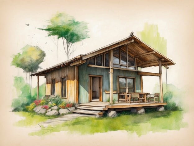 Auf dem Bild ist ein nachhaltig gestaltetes Haus zu sehen, das harmonisch in die umgebende Natur integriert ist. Die Verwendung von Holz und anderen natürlichen Materialien deutet auf einen umweltfreundlichen Bauansatz hin, der die Umweltbelastung minimiert.
Das Design fördert soziale Verantwortung, indem es auf Gemeinschaft und ein gesundes Wohnumfeld abzielt. Die große Veranda und die Möglichkeit, im Freien zu sitzen, laden dazu ein, Zeit im Freien zu verbringen und Gemeinschaft zu pflegen. Insgesamt symbolisiert das Bild ein Leben im Einklang mit der Natur, das sowohl ökologisch als auch sozial nachhaltige Prinzipien vereint.