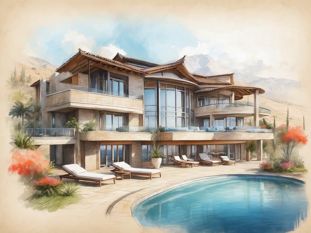 Auf dem Bild ist eine stilisierte Darstellung eines luxuriösen Hauses zu sehen, das vermutlich an einem Pool liegt. Die Architektur scheint eine Mischung aus modernen und traditionellen Elementen zu sein, umgeben von tropischen Pflanzen und einer malerischen Landschaft.
Das NH Hotel Anantara Plaza in Nizza bietet eine hervorragende Lage an der französischen Riviera, mit Blick auf das Meer und in der Nähe der Promenade des Anglais. Es kombiniert luxuriöse Unterkünfte mit einem eleganten Design und modernem Komfort. Gäste können eine Vielzahl von Annehmlichkeiten genießen, darunter ein Restaurant, einen Wellnessbereich und Konferenzeinrichtungen. Die Umgebung bietet zahlreiche Freizeitmöglichkeiten, darunter Strände, kulturelle Sehenswürdigkeiten und aufregende Nachtleben-Optionen.