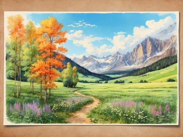 Auf dem Bild ist eine malerische Landschaft zu sehen, die von bunten Bäumen und üppigen Wiesen geprägt ist. Die Herbstfarben der Bäume, insbesondere das lebhafte Orange, verleihen der Szene eine warme Atmosphäre. Im Hintergrund erheben sich majestätische Berge, die mit Schnee bedeckt sind und durch einige Wolken in einem klaren blauen Himmel hervorgehoben werden.Die Natur rund um Stolpen bietet ebenso vielfältige Landschaften, mit Wäldern, Wiesen und sanften Hügeln, die im Wechsel der Jahreszeiten ebenfalls beeindruckende Farbenspiele zeigen. Die bunten Blumen und der Weg, der durch die Landschaft führt, laden zu Spaziergängen ein und erinnern an die malerische Schönheit der Region.