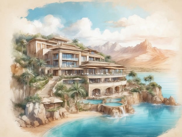 Auf dem Bild ist eine luxuriöse Villa zu sehen, die sich malerisch an einem Küstenabschnitt befindet. Die Einrichtung umfasst mehrere Terrassen und Balkone mit Blick auf das Wasser, sowie einen großen Pool und einen Whirlpool. Um die Villa herum wachsen Palmen, was eine entspannende Atmosphäre schafft.
Aktivitäten, die man dort genießen könnte, sind Schwimmen im Pool oder im Meer, Sonnenbaden auf den Liegen, Spaziergänge entlang der klippenparkähnlichen Umgebung sowie das Entspannen in der Natur mit Blick auf die Berge im Hintergrund.