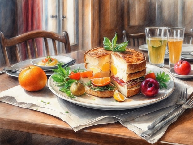 Auf dem Bild sieht man ein einladend gedecktes Tischarrangement mit einem köstlichen Menü. Im Mittelpunkt steht ein appetitliches Sandwich, das reichhaltig gefüllt ist und zur Hälfte aufgeschnitten ist, sodass die leckeren Zutaten sichtbar werden. Daneben liegen frische Kräuter und bunte Früchte wie eine Orange, eine Apfelsine und eine kleine Birne, die dem Gericht eine frische Note verleihen.
Zusätzlich sind auf dem Tisch zwei Gläser mit einem erfrischenden Getränk zu sehen, das vielleicht aus Fruchtsäften besteht. Der Tisch ist gemütlich und rustikal gedeckt, was zu einem insgesamt einladenden und geschmackvollen kulinarischen Erlebnis beiträgt.