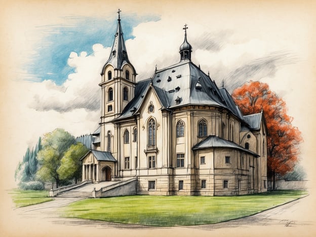 Auf dem Bild ist eine im historistischen Stil entworfene Kirche oder Kapelle zu sehen, die sich elegant in eine landwirtschaftliche Umgebung einfügt. Diese Art von Bauwerken findet man oft in deutschen Dörfern, ähnlich wie in der Geschichte von Struppen. Struppen, ein kleines Dorf in Sachsen, zeichnet sich durch seine malerischen Landschaften und historischen Gebäude aus.Die dargestellte Kirche hat eine detaillierte Architektur mit Türmen und einem schönen Dach, das typisch für den neogotischen Stil ist. Sie könnte ein wichtiges Zentrum für die Gemeinschaft sein, ähnliche wie die Kirche in Struppen, die oft als Ort der Versammlung und des Glaubens fungiert. Die Umgebung mit Bäumen und einer Wiese vermittelt eine ruhige, idyllische Atmosphäre, die zum historischen Charakter des Ortes passt.