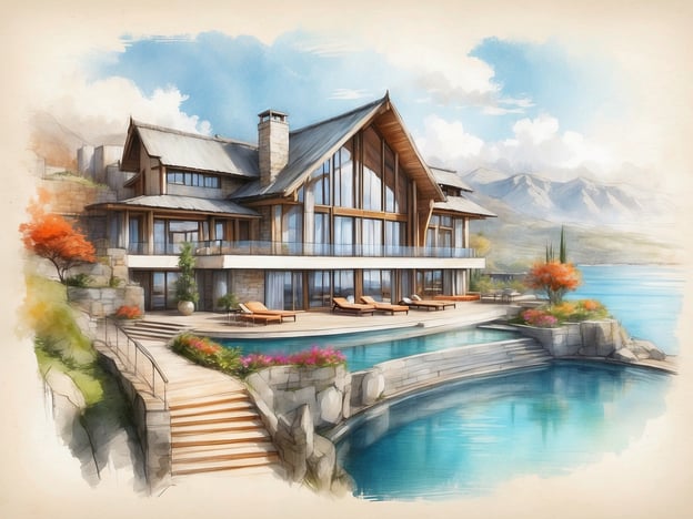 Auf dem Bild ist eine stilisierte Darstellung eines luxuriösen Anwesens zu sehen, das an einem Gewässer liegt. Es zeigt eine moderne Architektur mit großflächigen Fensterfronten, großzügigen Terrassen und einem Pool, umgeben von einer gepflegten Gartenlandschaft.
Das NH Hotels Anantara Villa Padierna Palace bietet eine vergleichbare Atmosphäre der Eleganz und des Luxus. Es ist ein Fünf-Sterne-Hotel in Marbella, Spanien, das in einer malerischen Umgebung mit Blick auf das Mittelmeer gelegen ist. Gäste können eine Vielzahl von Einrichtungen genießen, darunter luxuriöse Suiten, erstklassige Restaurants, einen beeindruckenden Spa-Bereich sowie Golfplätze. Das Hotel ist für seine exquisite Architektur und den serviceorientierten Ansatz bekannt, der eine entspannende und unvergessliche Erfahrung bietet.
