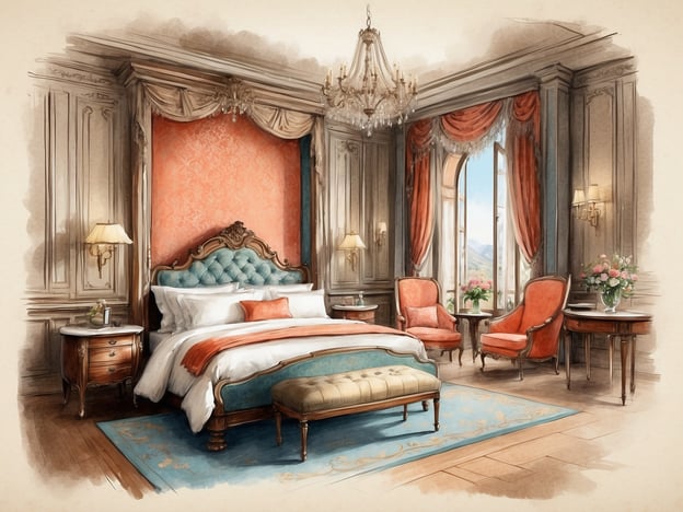 Auf dem Bild ist ein elegantes Schlafzimmer zu sehen, das mit luxuriösen Annehmlichkeiten und Details gestaltet ist. Die hellen Wände und der opulente Bettkopf, gepaart mit einer stilvollen Bettwäsche, schaffen eine einladende Atmosphäre.
Die beiden roten Sessel laden zum Entspannen ein und sind ideal für einen gemütlichen Lesemoment. Ein kleiner Tisch neben dem Bett bietet Platz für persönliche Gegenstände oder einen Drink.
Das große Fenster lässt viel Tageslicht herein und eröffnet einen wunderbaren Ausblick auf die umliegende Landschaft. Die dekorativen Vorhänge und der Kronleuchter verleihen dem Raum zusätzlichen Glanz.
Insgesamt strahlt dieser Raum Komfort und Raffinesse aus, ideal für eine entspannende Auszeit.