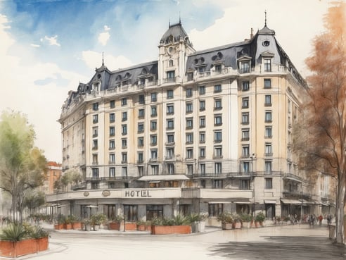 Das Bild zeigt das NH Hotels Madrid Ribera Del Manzanares in Spanien. Das Gebäude ist im eleganten klassischen Stil mit einem gewölbten Dach und zahlreichen Fenstern gestaltet. Vor dem Hotel befinden sich bepflanzte Blumenkübel und eine breite Gehfläche mit Passanten. Der Himmel ist klar und blau, was dem Bild eine freundliche Atmosphäre verleiht.