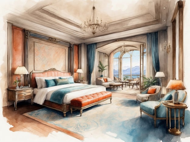Auf dem Bild ist ein elegant gestaltetes Schlafzimmer zu sehen. Die Ausstattung umfasst ein großes, gepolstertes Bett mit farblich abgestimmten Kissen. Neben dem Bett befinden sich Nachttische mit Lampen und kleinen dekorativen Elementen. Der Raum ist hell und geräumig, mit großen Fenstern, die einen Blick auf die Berge bieten.
Die Annehmlichkeiten umfassen gemütliche Sitzgelegenheiten mit stilvollen Möbeln, einen Teppich, der dem Raum eine warme Atmosphäre verleiht, sowie luxuriöse Vorhänge. Ein Kronleuchter sorgt für eine besondere Beleuchtung und unterstreicht das elegante Ambiente des Zimmers.