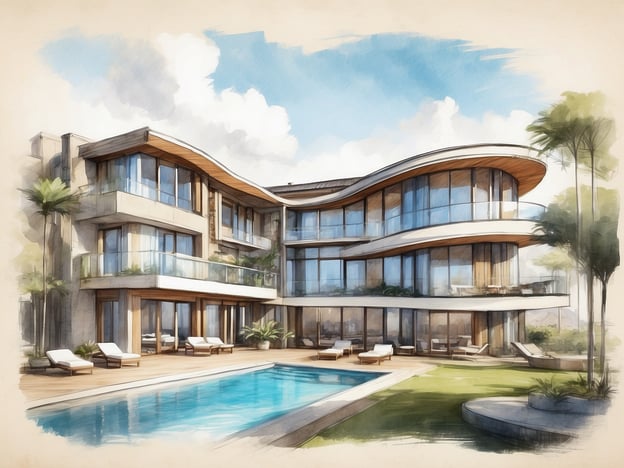 Auf dem Bild ist ein modernes, architektonisch ansprechendes Gebäude zu sehen, das über große Fenster und geschwungene Formen verfügt. Es gibt einen Außenbereich mit einem Swimmingpool, Liegen und grünen Pflanzen, was auf eine einladende und luxuriöse Atmosphäre hinweist.Zum NH Hotel Avani Royal Zona T in Bogotá: Dieses Hotel ist bekannt für seinen eleganten Stil und bietet eine zentrale Lage im angesagten Stadtviertel Zona T. Es ist ideal für Geschäftsreisende und Urlauber, mit modernen Annehmlichkeiten wie einem Fitnesscenter, einem Restaurant und Veranstaltungsräumen. Die Umgebung ist geprägt von hochwertigen Einkaufsmöglichkeiten und einem lebhaften Nachtleben.