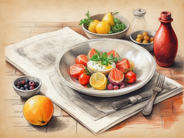 Auf dem Bild ist ein kulinarisches Arrangement zu sehen, das eine ansprechende Präsentation von frischen Lebensmitteln zeigt. Im Mittelpunkt steht eine Schüssel mit einer Sorte Salat, die mit Tomaten, Zitronen, und einer cremigen Komponente garniert ist, was ein typisches Beispiel für moderne Gastronomie im Hotel darstellen könnte. Daneben sind verschiedene Früchte, wie Äpfel und Beeren, sowie eine Karaffe und weitere Schalen mit Lebensmitteln arrangiert.Dieses Setting könnte eine Einladung zu einem kulinarischen Erlebnis in einem Hotelrestaurant sein, das Wert auf frische, lokale Zutaten legt und seinen Gästen detaillierte gastronomische Eindrücke bieten möchte. Solche Erlebnisse sind oft ein Highlight während eines Hotelaufenthalts und tragen zur Gesamterfahrung bei.