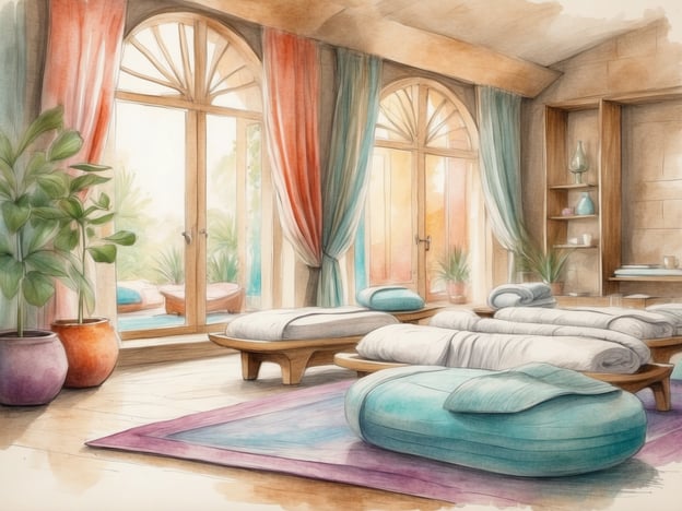 Auf dem Bild ist ein Wellnessbereich in einem Hotel zu sehen. Der Raum ist hell und freundlich gestaltet, mit großen Fenstern, die reichlich Tageslicht hereinlassen. Es gibt bequeme Liegen oder Matten, die zum Entspannen einladen, sowie einige Pflanzen, die eine beruhigende Atmosphäre schaffen.Die Dekoration ist elegant und geschmackvoll, mit farbigen Vorhängen und einem bunten Teppich. Dieser Raum könnte für verschiedene Freizeit- und Wellnessangebote genutzt werden, wie beispielsweise Massagen, Meditationskurse oder Yoga-Sitzungen. Die ruhige Umgebung eignet sich hervorragend, um sich zu entspannen und neue Energie zu tanken.