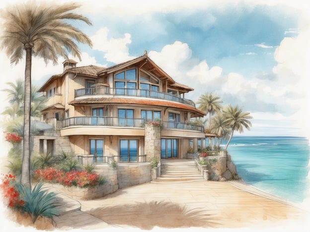 Auf dem Bild ist eine beeindruckende Villa zu sehen, die direkt am Meer liegt. Die Unterkunft ist von Palmen und blühenden Pflanzen umgeben, die eine tropische Atmosphäre schaffen. Die Fassade der Villa ist vermutlich mit großen Fenstern ausgestattet, die einen wunderschönen Blick auf den Ozean bieten.
Die möglichen Zimmeroptionen könnten luxuriöse Suiten mit Meerblick, Terrassen oder Balkone für entspannende Abende und moderne Annehmlichkeiten umfassen. Es könnte auch Bereiche für die Unterhaltung oder den Aufenthalt im Freien geben, um das Ambiente dieser erstklassigen Unterkunft zu genießen.