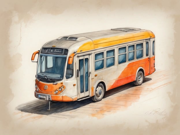 Auf dem Bild ist ein Bus zu sehen, der in hellen Farben, hauptsächlich Weiß und Orange, gestaltet ist. Die Darstellung wirkt wie eine Aquarellzeichnung und zeigt den Bus von der Seite und leicht von oben.
In Bezug auf die Ausstattung der NH Hotels könnte man sagen, dass diese oft modernen Komfort und einladendes Design bieten. Ähnlich könnte man sich diesen Bus als ein transportierendes Element vorstellen, das auch eine angenehme Reiseerfahrung ermöglicht. Die Verbindung zwischen Mobilität und Gastfreundschaft steht dabei im Vordergrund.