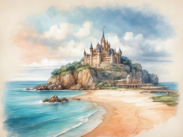 Das Bild zeigt eine märchenhafte Burg auf einem Felsen, umgeben von Wasser und einem Sandstrand. In Alicante gibt es ähnliche Attraktionen, wie das Castillo de Santa Bárbara, das auf einem Hügel thront und einen atemberaubenden Blick auf die Stadt und das Meer bietet.
In der Umgebung kann man am Strand von Postiguet entspannen oder entlang der Promenade spazieren. Aktivitäten wie Wassersport und Bootsausflüge sind ebenfalls beliebt, und die malerische Altstadt lädt zum Erkunden ein. Das Wetter ist oft sonnig, was Alicante zu einem idealen Ort für Strandbesuche macht.