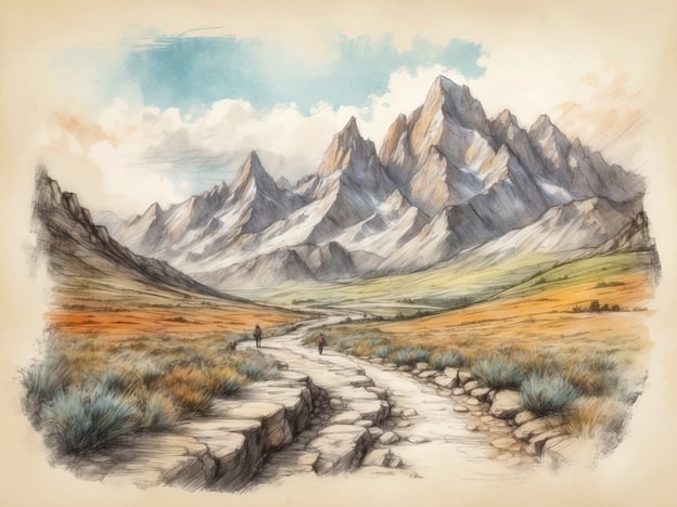 Auf dem Bild ist eine malerische Berglandschaft zu sehen. Die imposanten Berge dominieren die Szenerie, und das Tal darunter ist mit bunten Wiesen in verschiedenen Grüntönen und orangefarbenen Flächen durchzogen.In der Umgebung könnten Menschen spazieren gehen oder wandern, den Naturpfad entlang, um die frische Luft und die atemberaubende Aussicht zu genießen. Es scheint eine ruhige und friedliche Atmosphäre zu herrschen, die ideal für Outdoor-Aktivitäten wie Fotografie oder einfach nur zum Entspannen in der Natur ist.