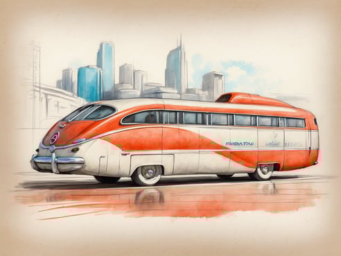 Ein farbenfroher, vintage-inspirierter Bus im Retro-Stil ist in einer urbanen Umgebung zu sehen. Der Bus hat eine auffällige orange-weiße Farbgebung und weist typische Designelemente der 1950er Jahre auf. Im Hintergrund sind Silhouetten von modernen Wolkenkratzern zu erkennen, die einen Kontrast zur klassischen Fahrzeugform bieten. Diese Szenerie vermittelt ein Gefühl von Nostalgie und urbaner Lebendigkeit, was die Attraktivität von Reisen im NH Hotels Mechelen in Belgien verstärkt.