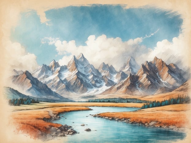 Auf dem Bild sind majestätische Berge zu sehen, die von einem klaren blauen Himmel umgeben sind. Vor den Bergen fließt ein ruhiger Fluss, und die Landschaft scheint von goldenen Wiesen und grünen Baumgruppen geprägt zu sein.Solch eine Szenerie könnte an Orten wie den Rocky Mountains in den USA, den Alpen in Europa oder den Kanadischen Rocky Mountains zu finden sein. In diesen Regionen gibt es zahlreiche Sehenswürdigkeiten, wie den Banff-Nationalpark in Kanada oder den Yosemite-Nationalpark in Kalifornien, die für ihre atemberaubende Natur und Wanderwege bekannt sind.