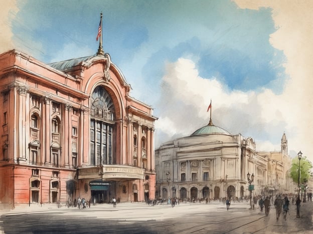 Auf dem Bild ist ein beeindruckendes architektonisches Gebäude zu sehen, das in einem künstlerischen Stil dargestellt ist. Es zeigt eine große, elegante Fassade mit Säulen, großen Fenstern und einem geschwungenen Dach. Der Platz vor dem Gebäude ist belebt, mit vielen Menschen, die umhergehen.Die Lage des NH Hotels Amsterdam Museum Quarter befindet sich in der Nähe des Museumsviertels, wo auch bedeutende Kulturstätten wie das Rijksmuseum und das Van Gogh Museum zu finden sind. Während das dargestellte Gebäude nicht spezifisch dem Museum Quartier zugeordnet werden kann, könnte es sich möglicherweise um eine bekannte Sehenswürdigkeit oder ein Kulturzentrum in einer großen Stadt handeln. In Amsterdam verbinden sich architektonische Schönheit und kulturelles Leben, was für das gesamte Viertel typisch ist.