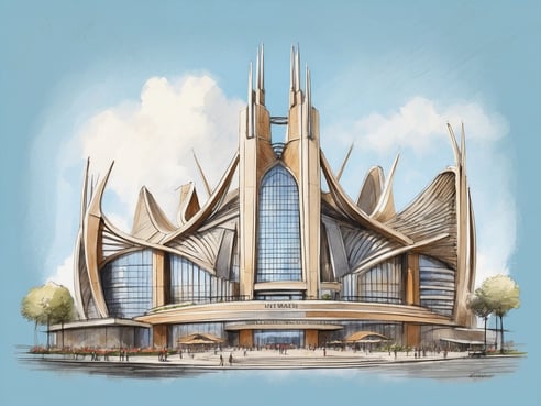 Das Bild zeigt die moderne Architektur des NH Hotels Milano 2 Residence in Italien. Die Fassade ist geprägt von großen Glasflächen und markanten, geschwungenen Holzstrukturen. Über der Eingangstür sind stilisierte Elemente, die an natürliche Formen erinnern, während im Vordergrund mehrere Menschen und Pflanzen zu erkennen sind. Der Himmel ist klar und blau, wodurch die einzigartigen architektonischen Merkmale des Gebäudes hervorgehoben werden.