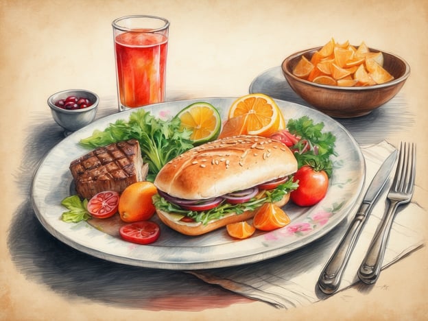 Auf dem Bild ist eine schön angerichtete Mahlzeit zu sehen, die typisch für ein Hotelrestaurant sein könnte. Es zeigt ein Hamburger-Brötchen mit frischem Gemüse, darunter Salat, Tomaten und Zwiebeln. Außerdem liegt ein Stück Fleisch, wahrscheinlich ein Steak, daneben.
Als Beilagen sind verschiedene Obststückchen, wie Orangen und Mandarinen, sowie ein kleiner Schälchen mit roten Beeren vorhanden. Dazu gibt es ein Getränk in einem Glas, das wie ein fruchtiger Saft aussieht. Diese Kombination aus herzhaftem Essen und frischen Obstsorten verleiht der Mahlzeit ein ansprechendes und ausgewogenes Aussehen.