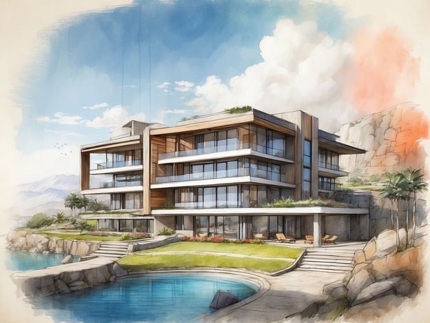 Auf dem Bild ist eine moderne Architektur zu sehen, wahrscheinlich ein Hotel oder ein Wohngebäude mit großen Fenstern und Balkonen. Es hat eine elegante Außenanlagengestaltung mit einem Pool und begrünten Flächen.
In Ancona gibt es das NH Ancona Hotel, das für seine Lage am Meer und seine komfortablen Zimmer bekannt ist. Es bietet Gästen eine schöne Aussicht und Annehmlichkeiten, die einen angenehmen Aufenthalt garantieren.