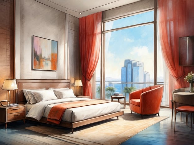 Auf dem Bild ist ein elegantes Schlafzimmer zu sehen. Es hat große Fenster mit Blick auf eine moderne Stadtlandschaft und bietet eine helle, freundliche Atmosphäre.
In Bezug auf die Zimmer und Annehmlichkeiten bei NH Hotels Antofagasta könnte man sagen, dass die Zimmer modern und komfortabel eingerichtet sind. Sie verfügen über hochwertige Betten, gemütliche Sitzgelegenheiten und großzügige Fenster, die viel Tageslicht hereinlassen. Zu den Annehmlichkeiten gehören oft auch kostenfreies WLAN, Klimaanlage, sowie Zimmerservice und ein Fitnessbereich. Das Design ist typischerweise stilvoll und bietet den Gästen ein angenehmes Ambiente während ihres Aufenthalts.