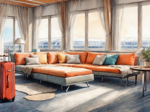 Helle und einladende Lounge im NH Hotels München Airport mit einem großen, modernen Sofa in Orange- und Türkistönen. Neben dem Sofa steht ein kleiner Tisch mit Pflanze und einem Glas. Im Hintergrund sind große Fenster, die viel Tageslicht hereinlassen und einen Blick auf die Umgebung zeigen. Ein roter Koffer steht neben dem Sofa auf dem Holzfußboden. Die Raumgestaltung vermittelt eine warme und gemütliche Atmosphäre, ideal für Reisende.